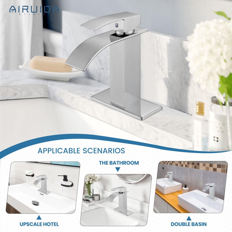 Airuida Chrome Polish Waterfall Spout Bathroom Faucet Single Handle Single Hole Bathroom Sink Faucet 1 or 3 Holes Rv Lavatory Vanity Faucet Basin Mixer Tap with Deck Plate and Supply Lines - Image 3